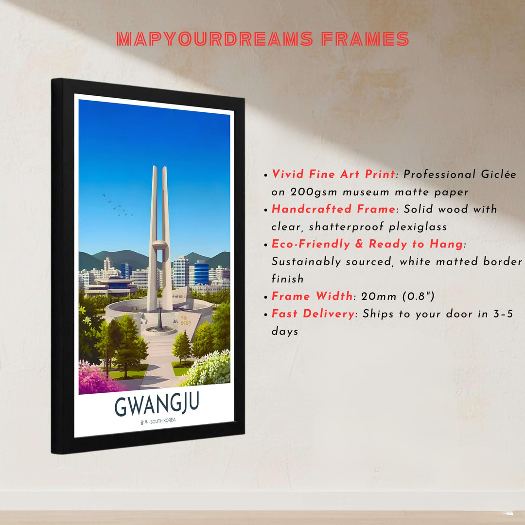 Architectural vector art of Gwangju, South Korea, showcasing the towering concrete pillars and oval amphitheater of the May 18 Memorial Park under a gradient blue sky. Offered by MapYourDreams, this artwork is available in flexible options including unframed paper, custom wooden frames, and gallery canvas wraps.