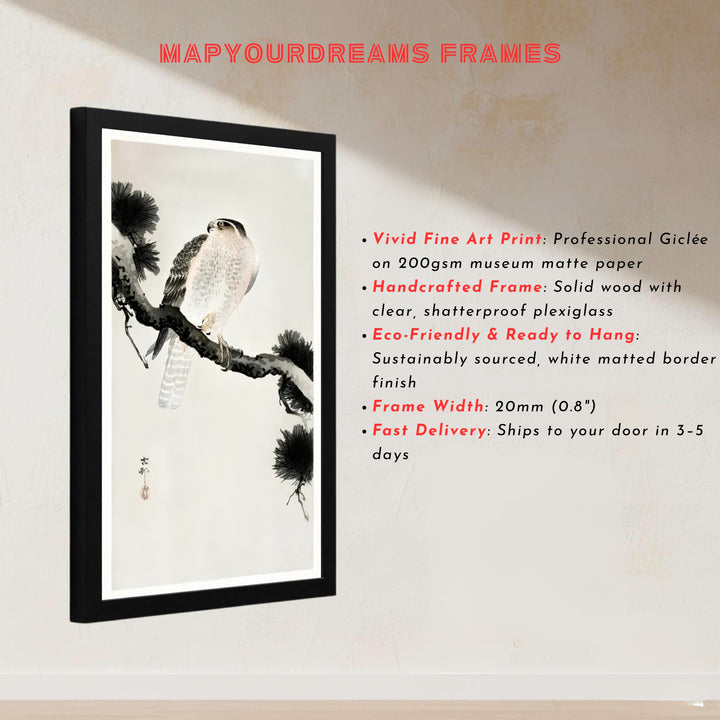 1900 1930 Japanese Kacho-ga poster by artist Ohara Koson featuring a noble hawk on a branch from a famous Tokyo museum collection. MapYourDreams presents quality framed, unframed, and canvas print options for home decor.