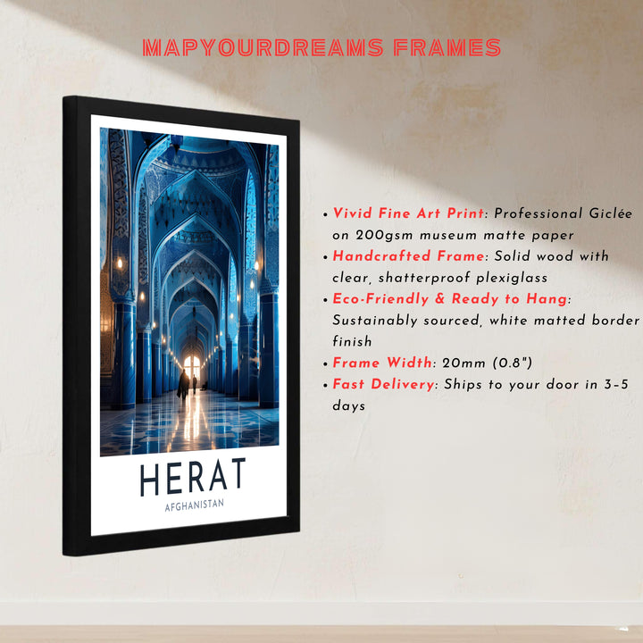 Architectural poster of Herat Blue Mosque in Afghanistan capturing cobalt arches and light streaming through windows, offered by MapYourDreams as an unframed print, canvas wall art decor, or custom framed wall print in pure gold and bronze frames for home office decor.