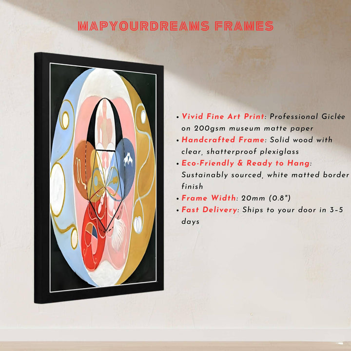 Surrounding central cosmic forms with meticulous rows of symbolic curves, this Hilma af Klint Evolution No 14 art print is a masterclass in texture and understated geometric elegance. Offered by MapYourDreams, this artwork is available in flexible options including unframed paper, custom wooden frames, and gallery canvas wraps.