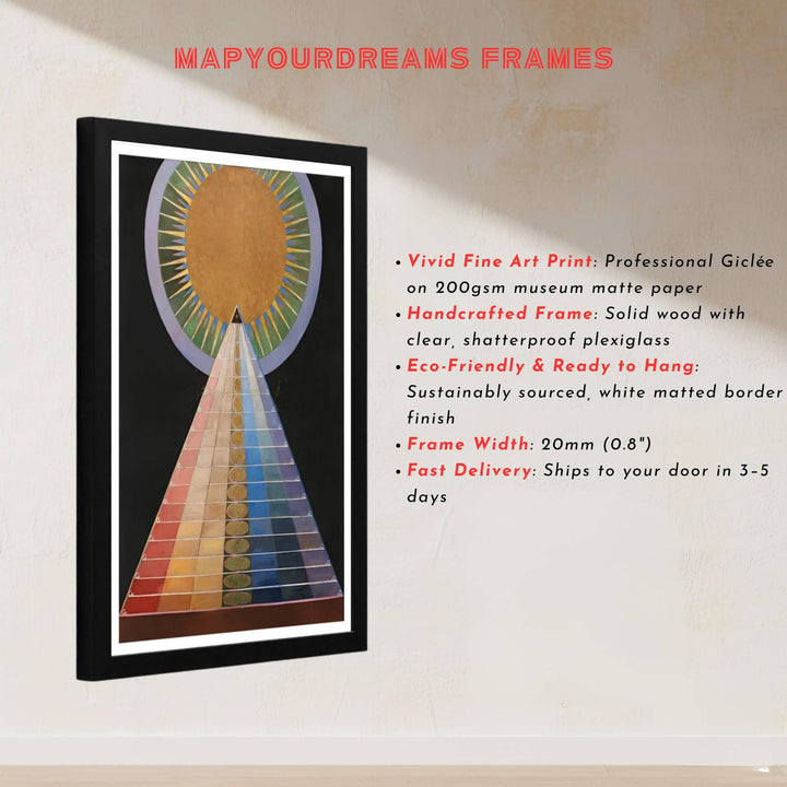 Surrounding central cosmic sunburst forms with meticulous rows of chromatic steps, this Hilma af Klint Group X Altarpiece art print is a masterclass in texture and understated geometric elegance. Offered by MapYourDreams, this artwork is available in flexible options including unframed paper, custom wooden frames, and gallery canvas wraps.