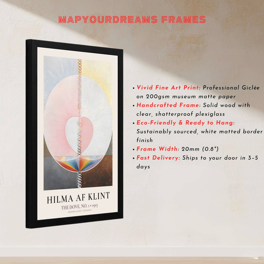 Surrounding central cosmic dualities with meticulous rows of winding spirals beneath Moderna Museet text, this The Dove No 1 1915 art print by Hilma af Klint is a masterclass in texture and geometry. Offered by MapYourDreams, this artwork is available in flexible options including unframed paper, custom wooden frames, and gallery canvas wraps.