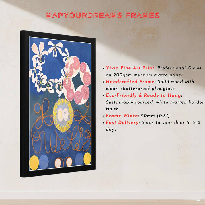 Surrounding central cosmic life stages with meticulous brushwork beneath Stockholm exhibition text, this The Ten Largest No 1 Childhood 1907 art print by Hilma af Klint is a masterclass in texture. Offered by MapYourDreams, this artwork is available in flexible options including unframed paper, custom wooden frames, and gallery canvas wraps.