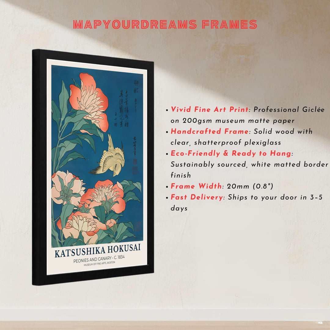 Japanese Ukiyo-e botanical poster Peonies and Canary by artist Katsushika Hokusai featuring a canary over blooming peonies from a Boston display. MapYourDreams presents quality framed, unframed, and canvas print options for home decor.