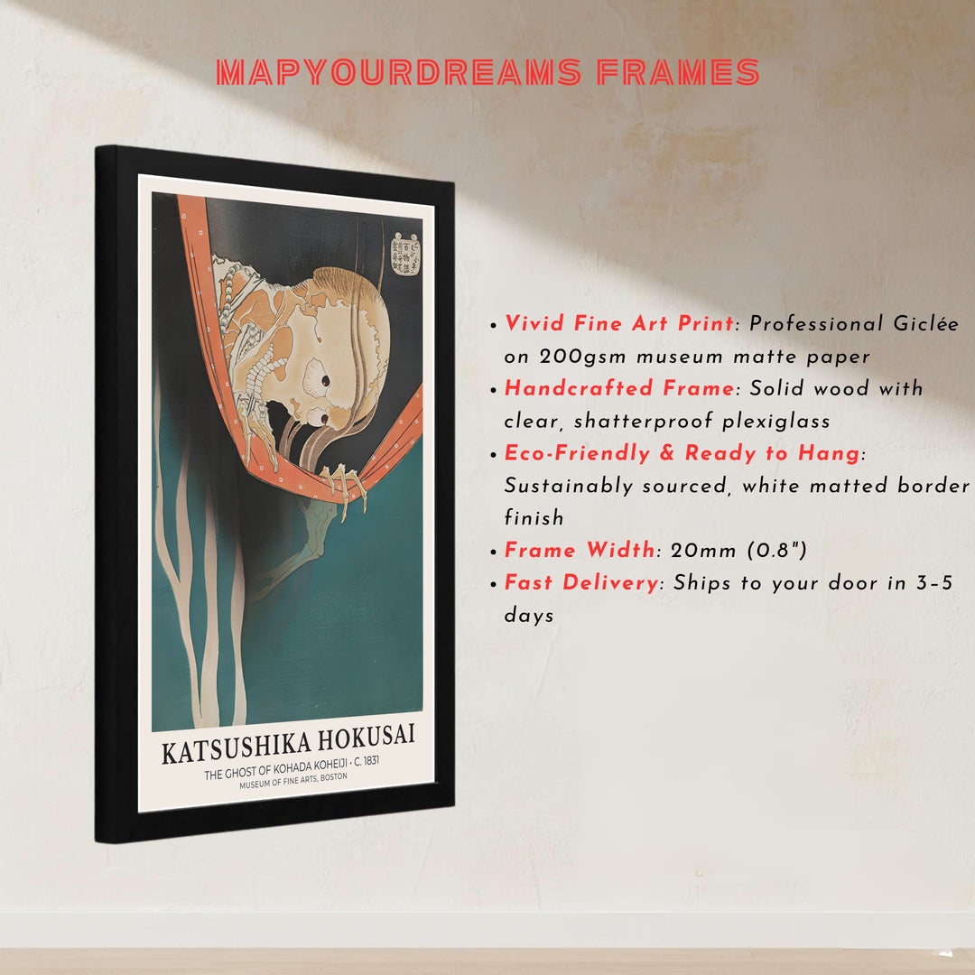 Japanese museum exhibition poster of The Ghost of Kohada Koheiji by artist Katsushika Hokusai featuring a 1831 ghost woodblock print from a Boston display. MapYourDreams presents quality framed, unframed, and canvas print options for home decor.