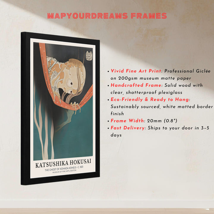 Japanese museum exhibition poster of The Ghost of Kohada Koheiji by artist Katsushika Hokusai featuring a 1831 ghost woodblock print from a Boston display. MapYourDreams presents quality framed, unframed, and canvas print options for home decor.