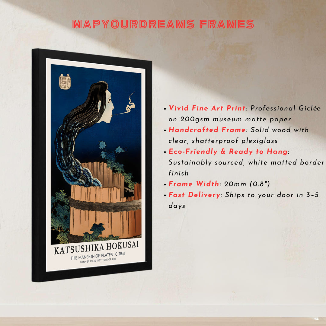 Japanese museum exhibition poster of The Mansion of Plates by artist Katsushika Hokusai featuring an 1831 ghost woodblock print from a Minneapolis display. MapYourDreams presents quality framed, unframed, and canvas print options for home decor.