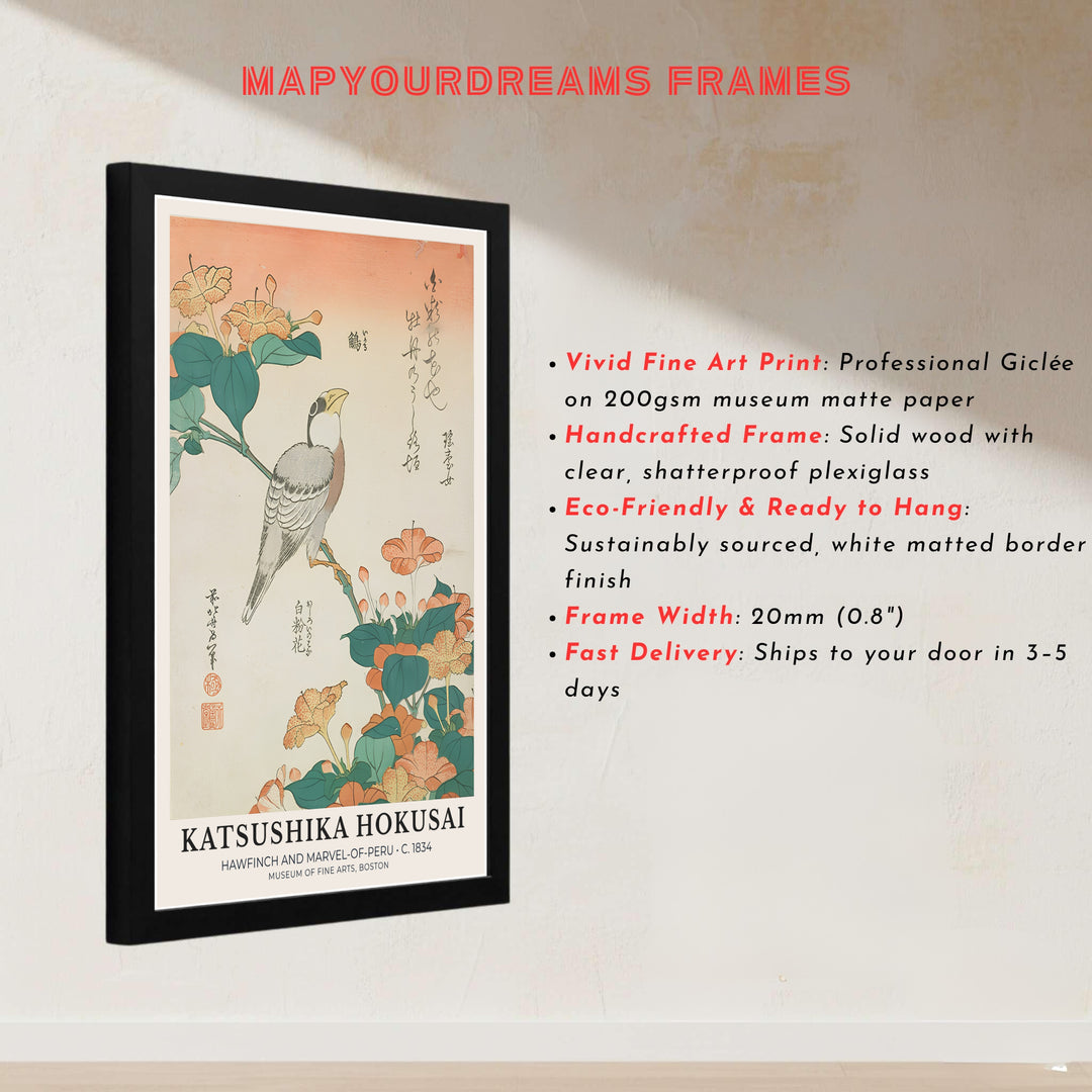 Beautiful Japanese woodblock print Hawfinch and Marvel-of-Peru by artist Katsushika Hokusai featuring a bird and floral branch in a museum style in Boston. MapYourDreams offers versatile framed, unframed, and canvas print options.