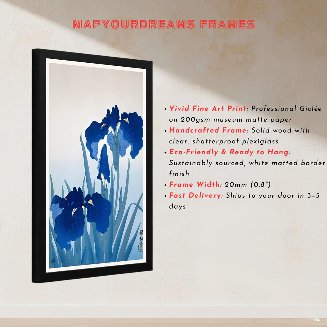 Japanese Kacho-ga poster by artist Ohara Koson featuring blue irises from a famous Tokyo museum collection. MapYourDreams presents quality framed, unframed, and canvas print options for home decor.