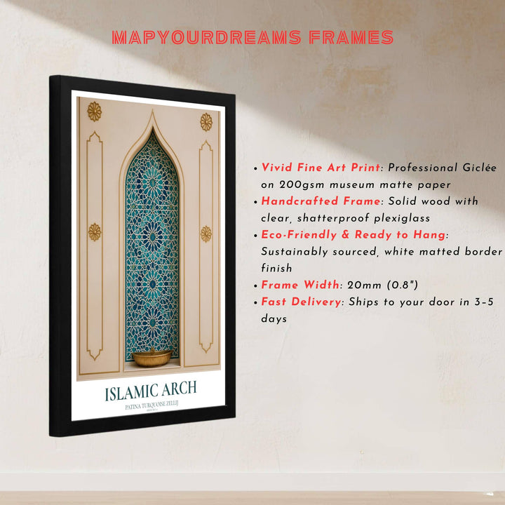 Architectural photo print of a sacred Islamic archway with intricate turquoise blue zellij star mosaic and gold brass fixtures. Built by MapYourDreams, this artwork is available in flexible options including unframed paper, custom wooden frames, and gallery canvas wraps for modern apartment decor.