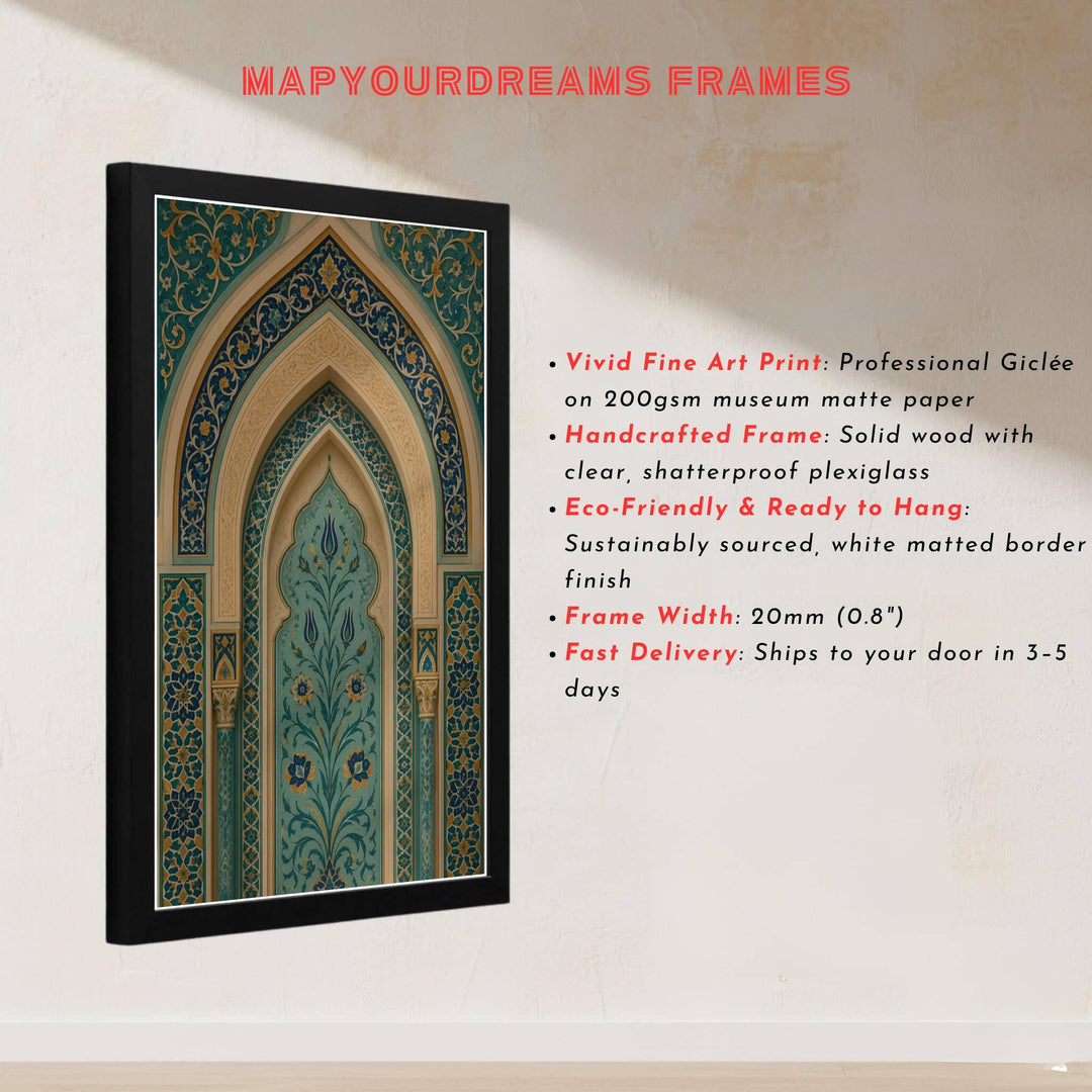 Architectural photo print of a sacred Islamic archway with intricate turquoise blue tulip tilework and gold filigree accents. Built by MapYourDreams, this artwork is available in flexible options including unframed paper, custom wooden frames, and gallery canvas wraps for modern apartment decor.