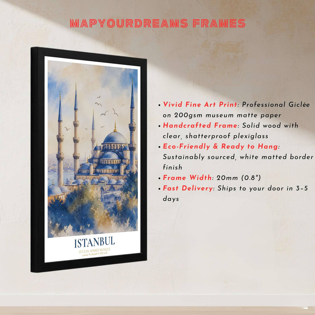 Architectural watercolor print of the sacred Sultan Ahmed Blue Mosque in Istanbul Turkey with soaring minarets and clouds. Built by MapYourDreams, this artwork is available in flexible options including unframed paper, custom wooden frames, and gallery canvas wraps for modern apartment decor.