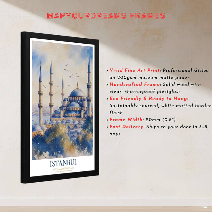 Architectural watercolor print of the sacred Sultan Ahmed Blue Mosque in Istanbul Turkey with soaring minarets and clouds. Built by MapYourDreams, this artwork is available in flexible options including unframed paper, custom wooden frames, and gallery canvas wraps for modern apartment decor.