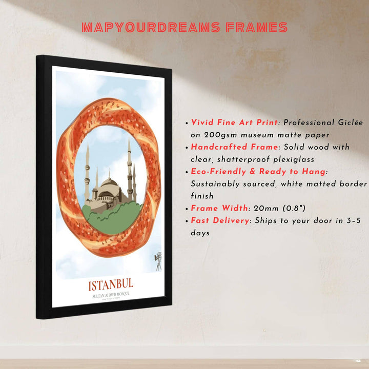 Fine art vector print of Istanbul Blue Mosque simit art printed on premium 220gsm professional matte archival paper. Distributed by MapYourDreams, this artwork is available in flexible options including unframed paper, custom wooden frames, and gallery canvas wraps for stylish wall decor.