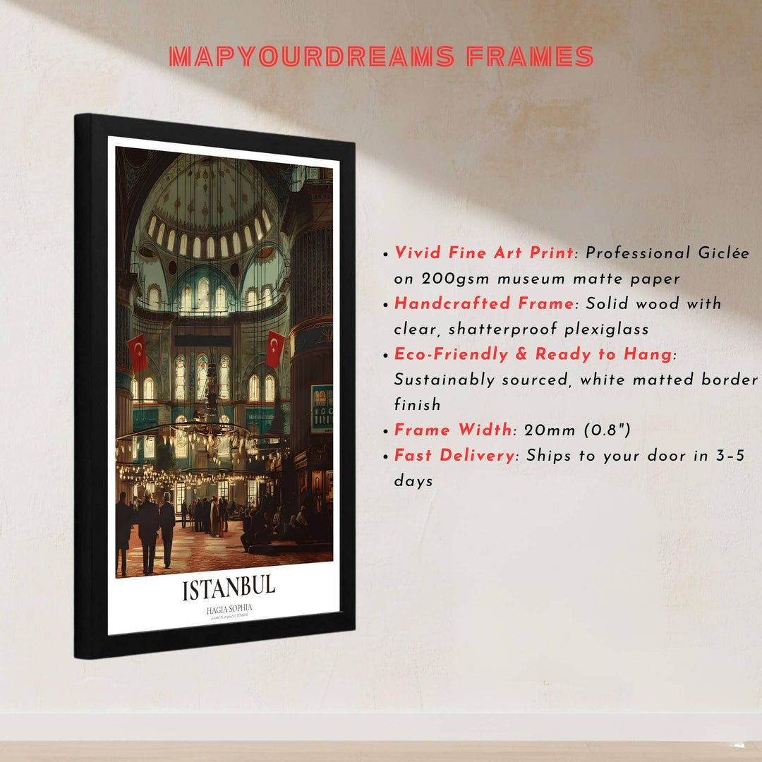 Architectural photo print of the sacred Hagia Sophia sanctuary in Istanbul with soaring dome arches and golden lights. Built by MapYourDreams, this artwork is available in flexible options including unframed paper, custom wooden frames, and gallery canvas wraps for modern apartment decor.