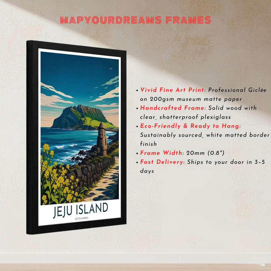 Architectural and landscape vector print honoring Jeju Island, South Korea, featuring a Dol Hareubang stone statue alongside a traditional volcanic rock wall and sea horizon. Offered by MapYourDreams, this artwork is available in flexible options including unframed paper, custom wooden frames, and gallery canvas wraps.