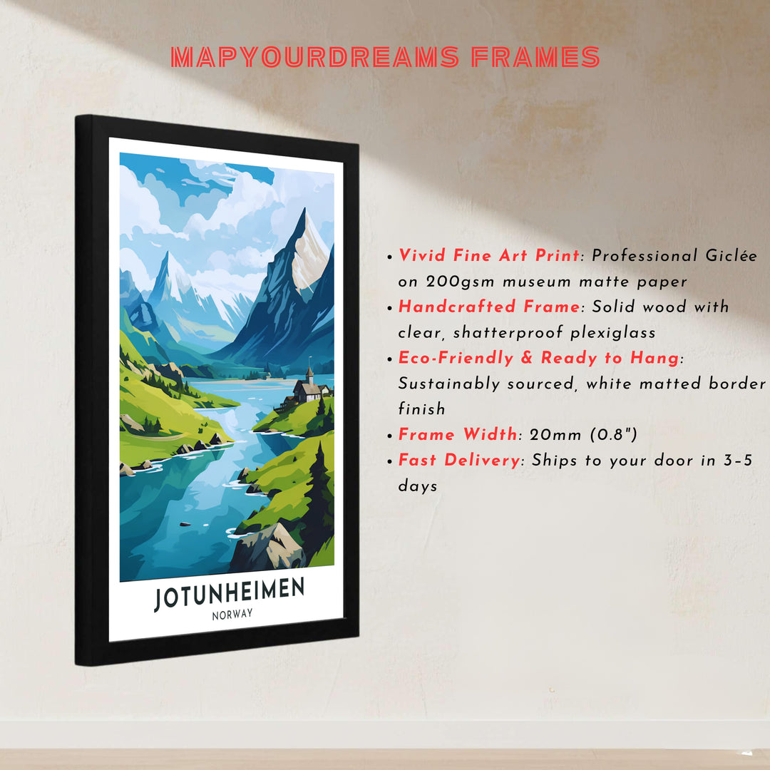 Detailed illustration of the majestic Jotunheimen landscape in Norway with steep rocky cliffs and winding valley waterways. Created by MapYourDreams, this fine art print is offered in custom framed styles, gallery quality stretched canvas, or simple unframed paper formats for easy framing.