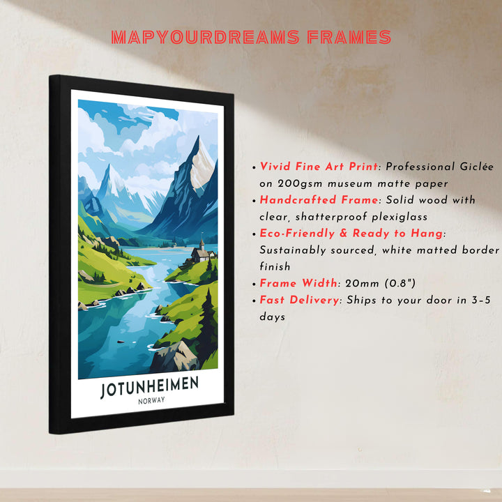 Detailed illustration of the majestic Jotunheimen landscape in Norway with steep rocky cliffs and winding valley waterways. Created by MapYourDreams, this fine art print is offered in custom framed styles, gallery quality stretched canvas, or simple unframed paper formats for easy framing.