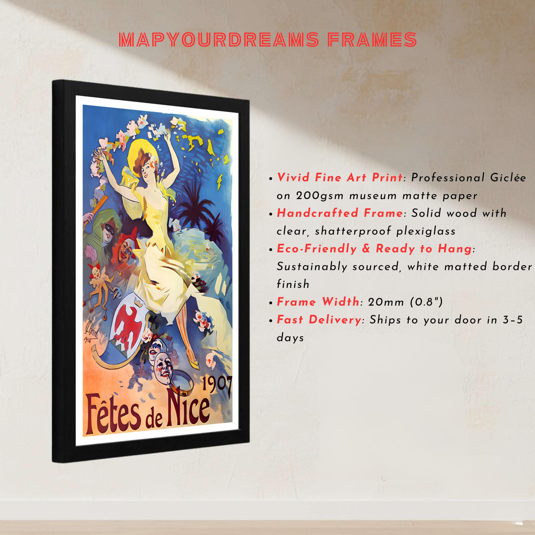French vintage festival wall decor Fêtes De Nice poster by artist Jules Chéret inspired by historic travel art in Nice France on the French Riviera. Explore ready-to-hang framed, unframed paper, and gallery canvas wall decor at MapYourDreams.