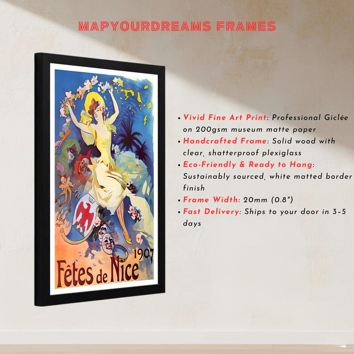 French vintage festival wall decor Fêtes De Nice poster by artist Jules Chéret inspired by historic travel art in Nice France on the French Riviera. Explore ready-to-hang framed, unframed paper, and gallery canvas wall decor at MapYourDreams.