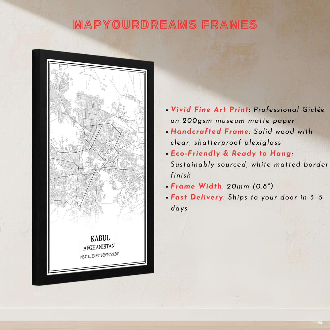 Vector city map poster of Kabul Afghanistan rendered in minimalist black lines on a crisp white backdrop, offered by MapYourDreams as an unframed print, canvas wall art decor, or custom framed wall print in pure gold and bronze frames for home office decor.