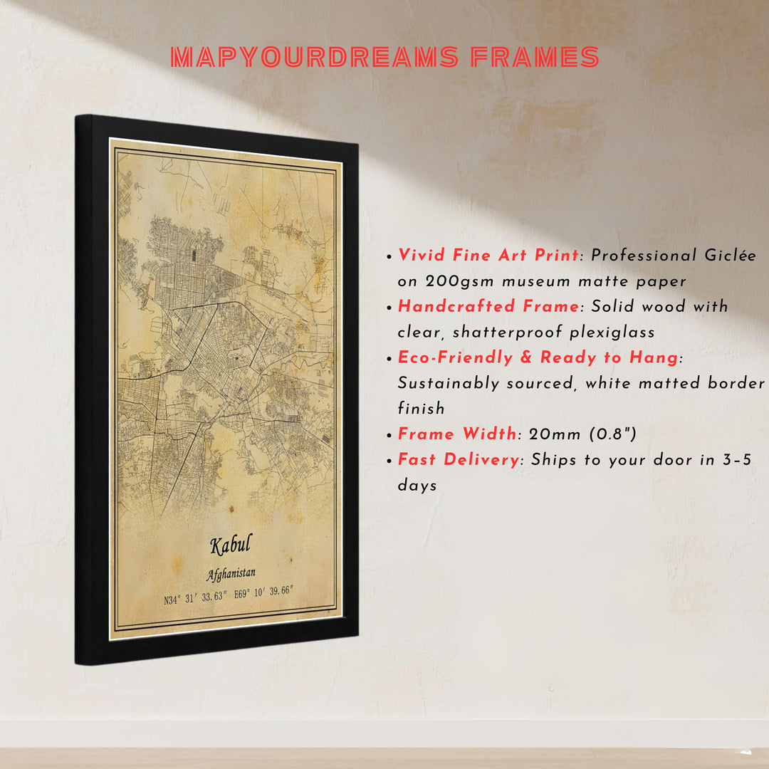 Vector city map poster of Kabul Afghanistan rendered in antique sepia tones on a textured parchment background, offered by MapYourDreams as an unframed print, canvas wall art decor, or custom framed wall print in pure gold and bronze frames for home office decor.