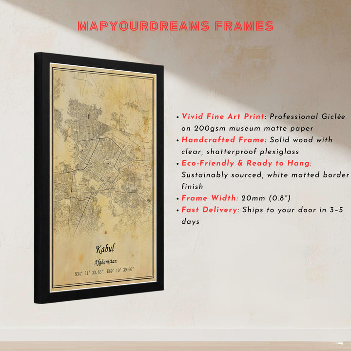 Vector city map poster of Kabul Afghanistan rendered in antique sepia tones on a textured parchment background, offered by MapYourDreams as an unframed print, canvas wall art decor, or custom framed wall print in pure gold and bronze frames for home office decor.