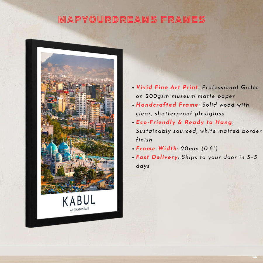 Detailed photo print of Kabul Afghanistan city landscape and surrounding mountains in warm ambient lighting, offered by MapYourDreams as an unframed print, canvas wall art decor, or custom framed wall print in pure gold and bronze frames for home office decor.