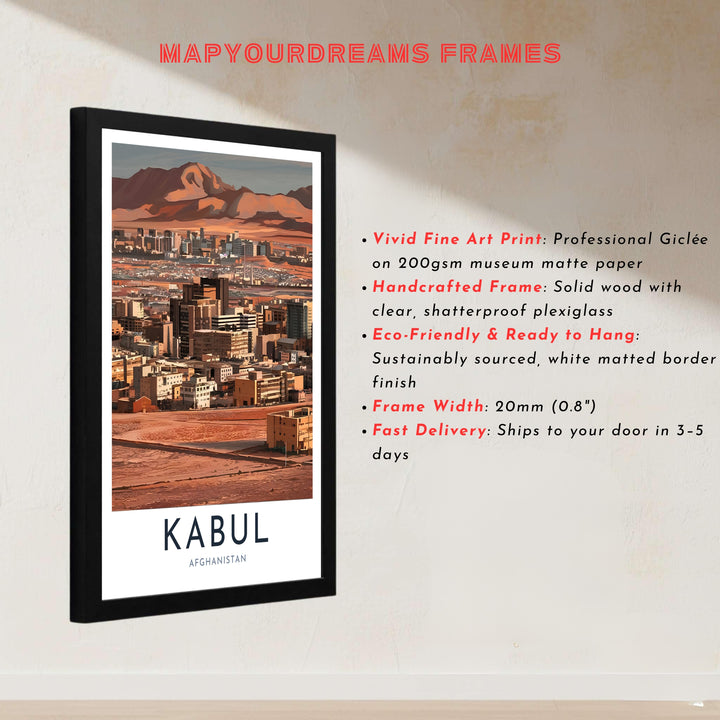 Geometric illustration print of Kabul Afghanistan city landscape and surrounding desert peaks, offered by MapYourDreams as an unframed print, canvas wall art decor, or custom framed wall print in pure gold and bronze frames for home office decor.