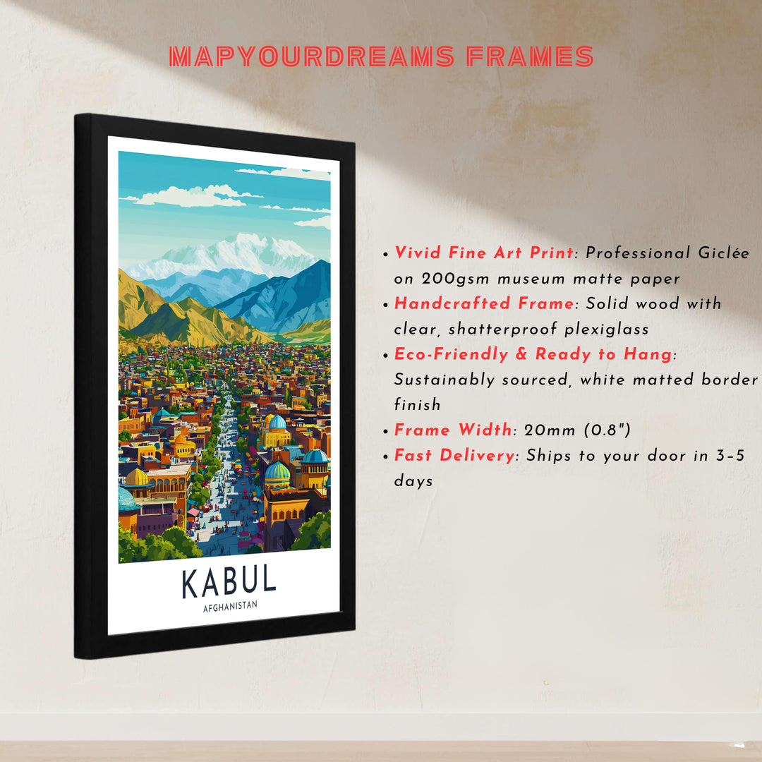 Illustrated scenery print of Kabul Afghanistan city landscape and surrounding Hindu Kush mountain peaks in rich sunlight, offered by MapYourDreams as an unframed print, canvas wall art decor, or custom framed wall print in pure gold and bronze frames for home office decor.