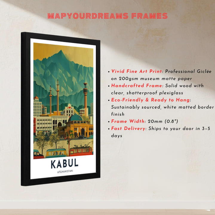 Scenery illustration print of retro Kabul Afghanistan cityscape poster urban landscape and surrounding mountain ridges in warm sunlight, offered by MapYourDreams as an unframed print, canvas wall art decor, or custom framed wall print in pure gold and bronze frames for home office decor.