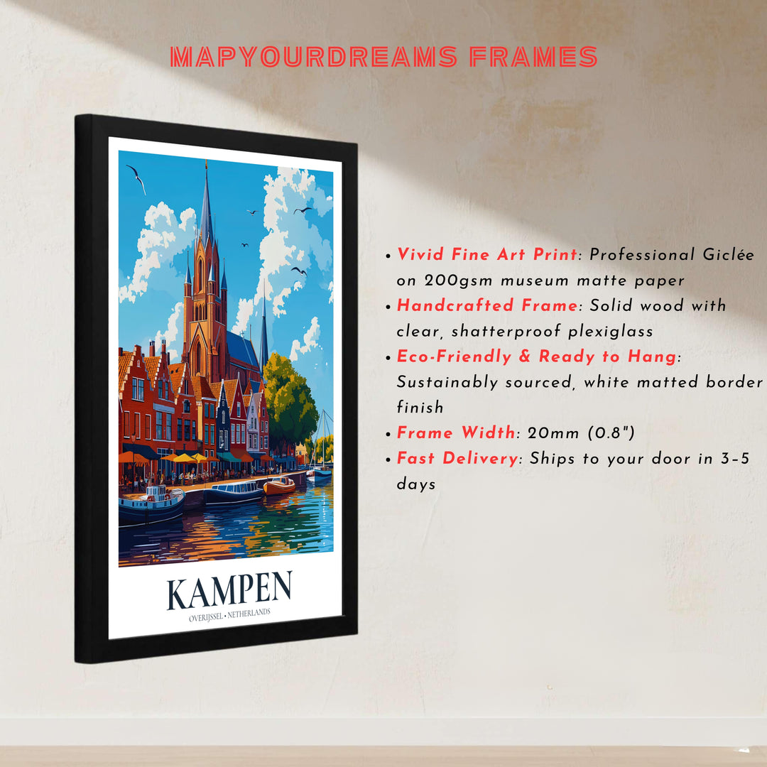 European riverfront illustration showcasing Kampen Overijssel Netherlands captured in vivid terracotta and ocean blue tones, presented by MapYourDreams with choices for unframed poster prints, museum wrapped canvas, or custom frame finishes in black, white, pure gold, and retro white.