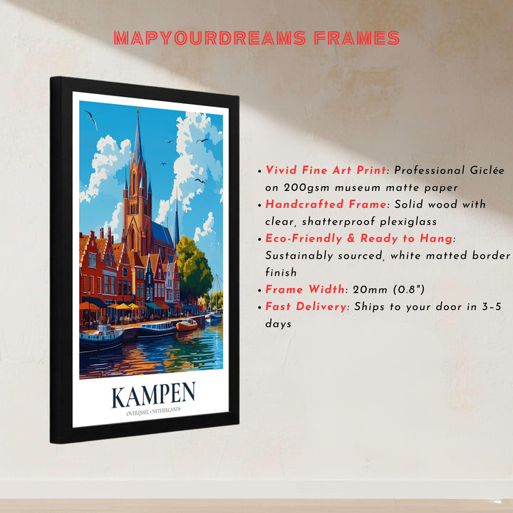 European riverfront illustration showcasing Kampen Overijssel Netherlands captured in vivid terracotta and ocean blue tones, presented by MapYourDreams with choices for unframed poster prints, museum wrapped canvas, or custom frame finishes in black, white, pure gold, and retro white.