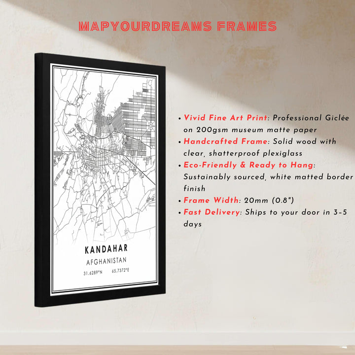 Detailed black line map art print capturing the urban street network and geographical coordinates of Kandahar, Afghanistan. Offered by MapYourDreams as an unframed print, canvas wall art decor, or a custom framed wall print in pure gold and bronze frames for executive office environments.
