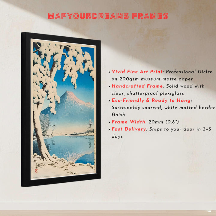 Japanese museum exhibition poster Lake Kawaguchi by artist Kawase Hasui featuring a 1932 woodblock print at Lake Kawaguchi. MapYourDreams presents quality framed, unframed, and canvas print options for home decor.