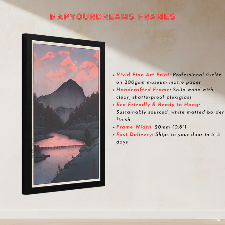 Japanese museum exhibition poster Sunset at Oirase by artist Kawase Hasui featuring a 1933 woodblock print at Sunset at Oirase. MapYourDreams presents quality framed, unframed, and canvas print options for home decor.