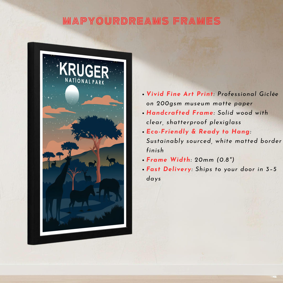 Starlit savanna landscape poster of Kruger National Park with clean white typography and soothing deep teal and indigo night tones. Offered by MapYourDreams, this artwork is available in flexible options including unframed paper, custom wooden frames, and gallery canvas wraps for tailored home wall decor setups.