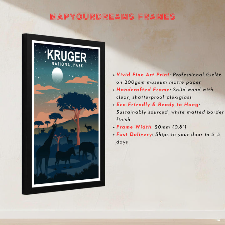 Starlit savanna landscape poster of Kruger National Park with clean white typography and soothing deep teal and indigo night tones. Offered by MapYourDreams, this artwork is available in flexible options including unframed paper, custom wooden frames, and gallery canvas wraps for tailored home wall decor setups.