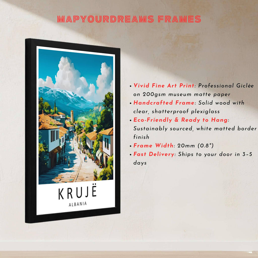 This delicate retro artwork of Krujë Albania captures rich architectural textures and clear mountain skies for sophisticated interior styling. Discover versatile options including unframed matte prints, custom wood frames, and dimensional canvas wraps.