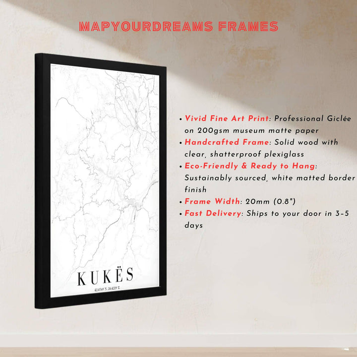 Jet black linework contrasts sharply against paper white stock in this elegant Kukës map poster featuring geographic coordinates. Offered by MapYourDreams in custom choices such as unframed paper, wood-framed options, and gallery-style canvas.