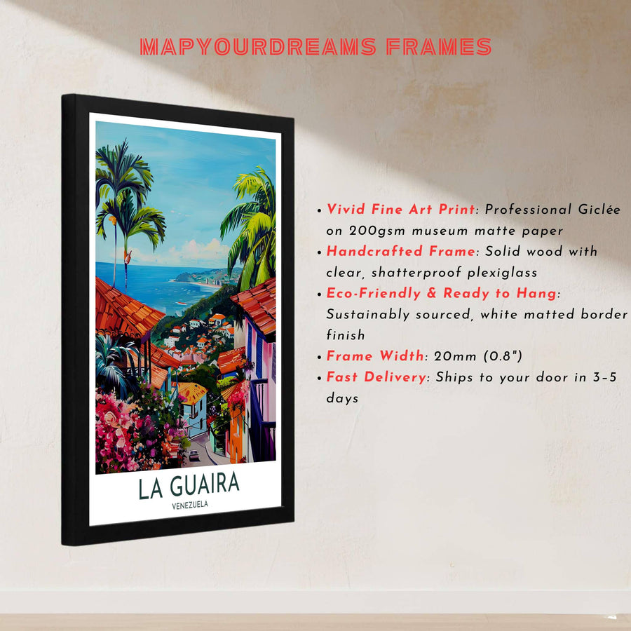 Painterly style ocean view illustration depicting winding hillside streets and tropical palm trees in coastal Venezuela. Handcrafted by MapYourDreams, customers can select from convenient options like unframed prints, ready-to-hang wooden frames, or gallery canvas wraps.