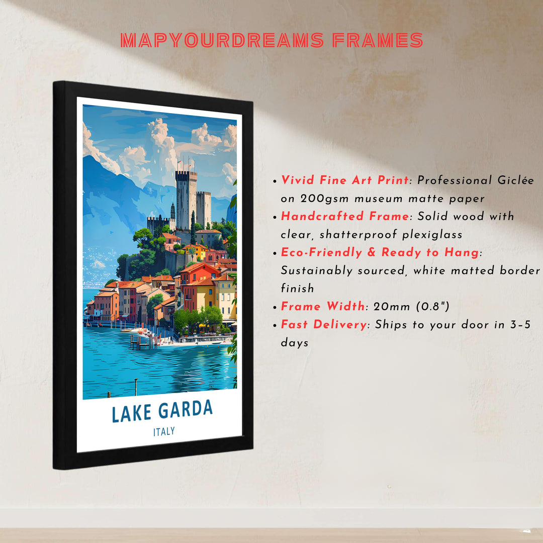 High-contrast travel artwork capturing the sunny coastal charm of Malcesine on Lake Garda, Italy, with its famous castle, vibrant terracotta rooftops, and clear blue water; available in your choice of display formats including gallery canvas prints, unframed posters, and framed art.