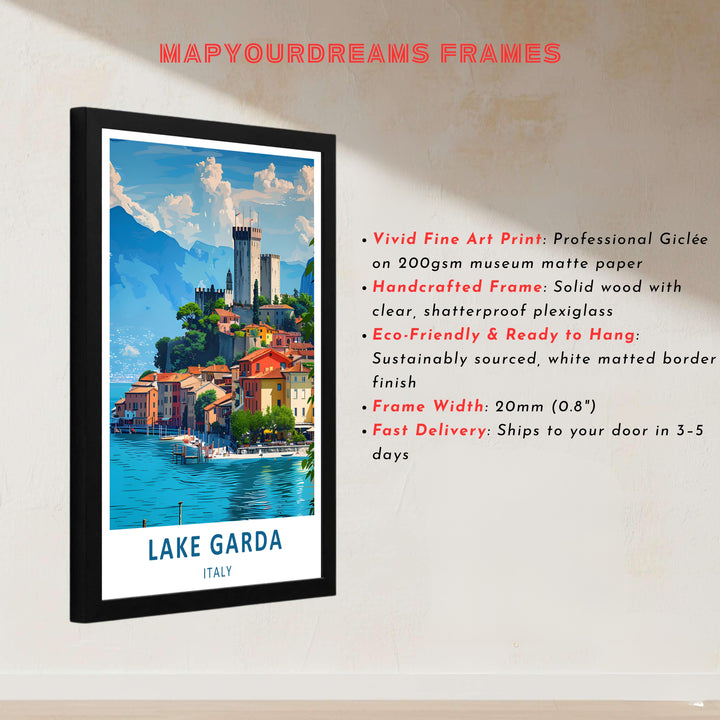 High-contrast travel artwork capturing the sunny coastal charm of Malcesine on Lake Garda, Italy, with its famous castle, vibrant terracotta rooftops, and clear blue water; available in your choice of display formats including gallery canvas prints, unframed posters, and framed art.