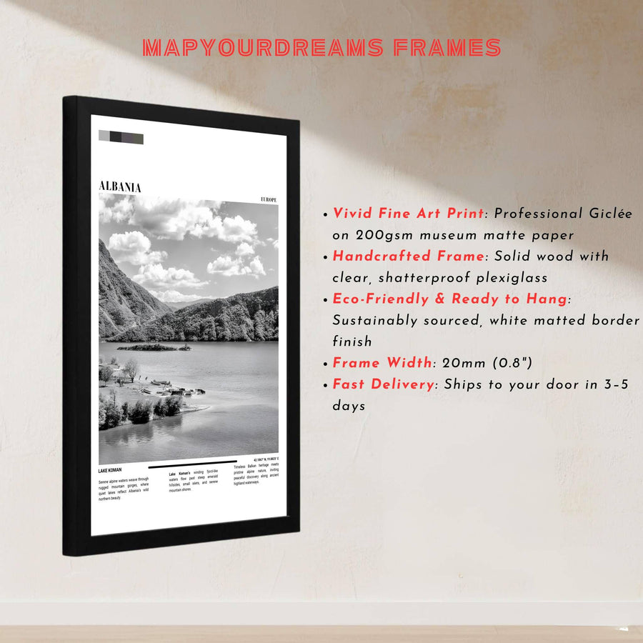 This delicate monochromatic artwork of Lake Koman Albania captures rich textures and clear alpine skies for sophisticated interior styling. Discover versatile options including unframed matte prints, custom wood frames, and dimensional canvas wraps.