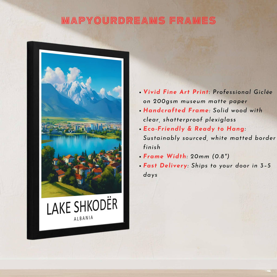 This delicate retro artwork of Lake Shkodër Albania captures rich geographic textures and clear alpine skies for sophisticated interior styling. Discover versatile options including unframed matte prints, custom wood frames, and dimensional canvas wraps.
