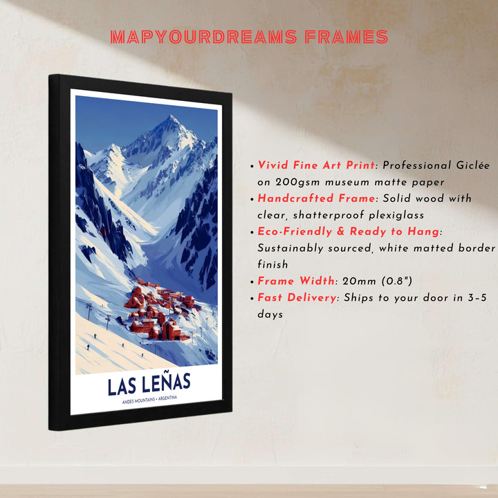 Geometric vector style ski poster illustrating skiers on sunlit powder trails in the Argentine Andes mountains. Handcrafted by MapYourDreams, customers can select from convenient options like unframed prints, ready-to-hang wooden frames, or gallery canvas wraps.