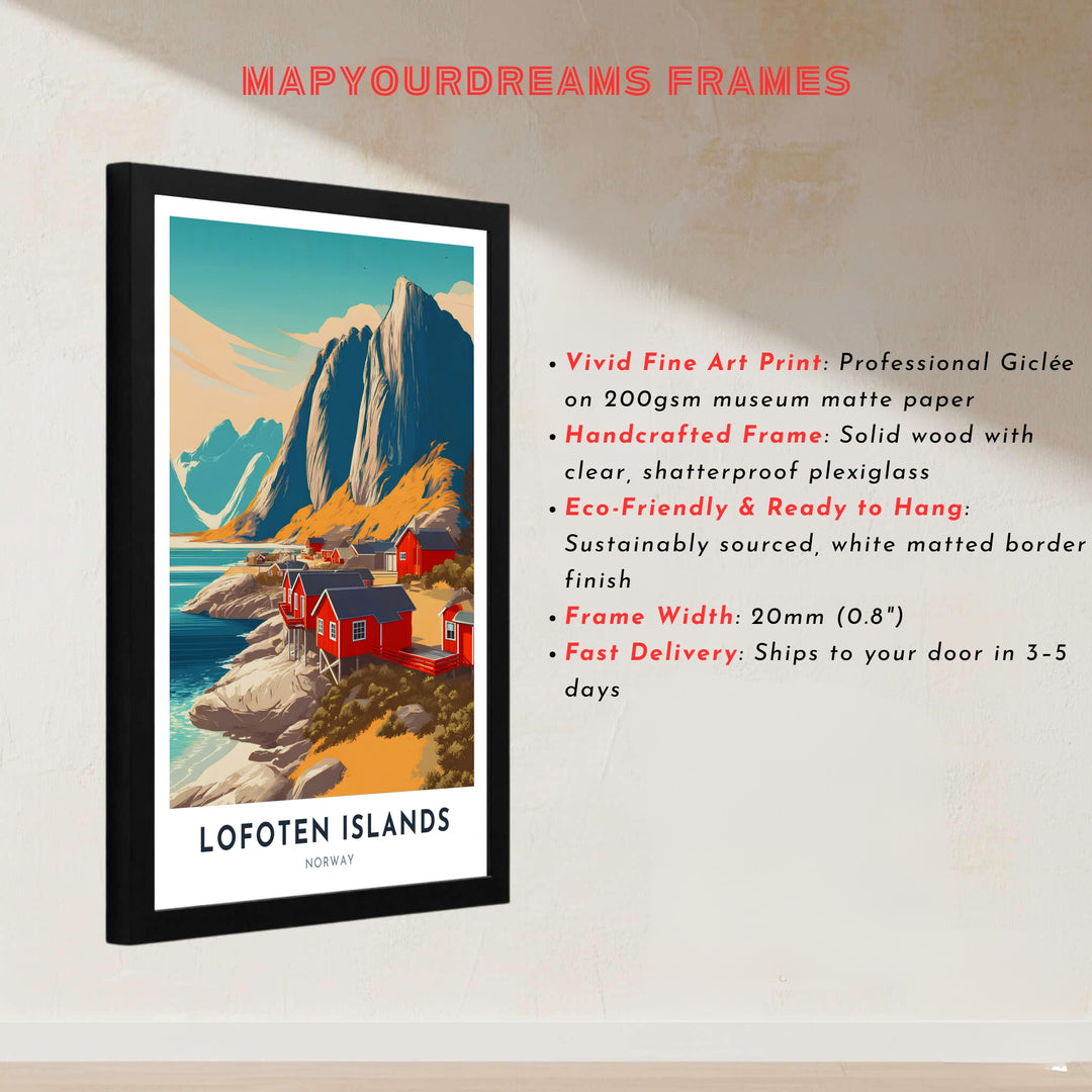 Detailed illustration of the majestic Lofoten Islands landscape in Norway with steep rocky cliffs and historic fishing dwellings. Created by MapYourDreams, this fine art print is offered in custom framed styles, gallery quality stretched canvas, or simple unframed paper formats for easy framing.