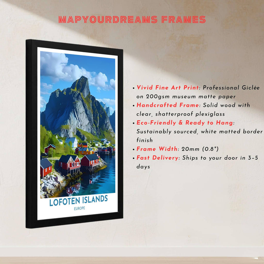 Architectural landscape print of traditional Norwegian rorbuer cabins in Hamnoy with towering mountain peak backdrop and blue waters. Built by MapYourDreams, this artwork is available in flexible options including unframed paper, custom wooden frames, and gallery canvas wraps for modern apartment decor.