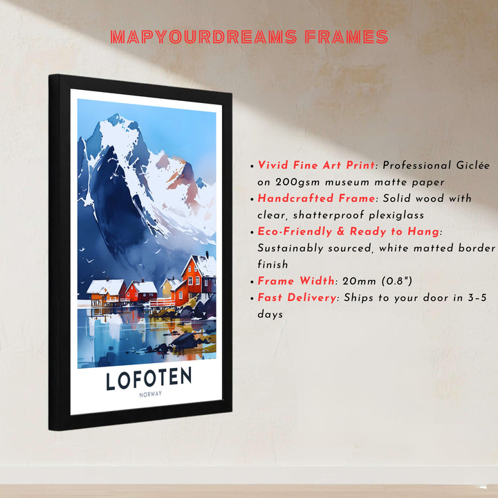 Detailed watercolor illustration of the majestic Lofoten landscape in Norway with steep snowy cliffs and historic fishing dwellings. Created by MapYourDreams, this fine art print is offered in custom framed styles, gallery quality stretched canvas, or simple unframed paper formats for easy framing.