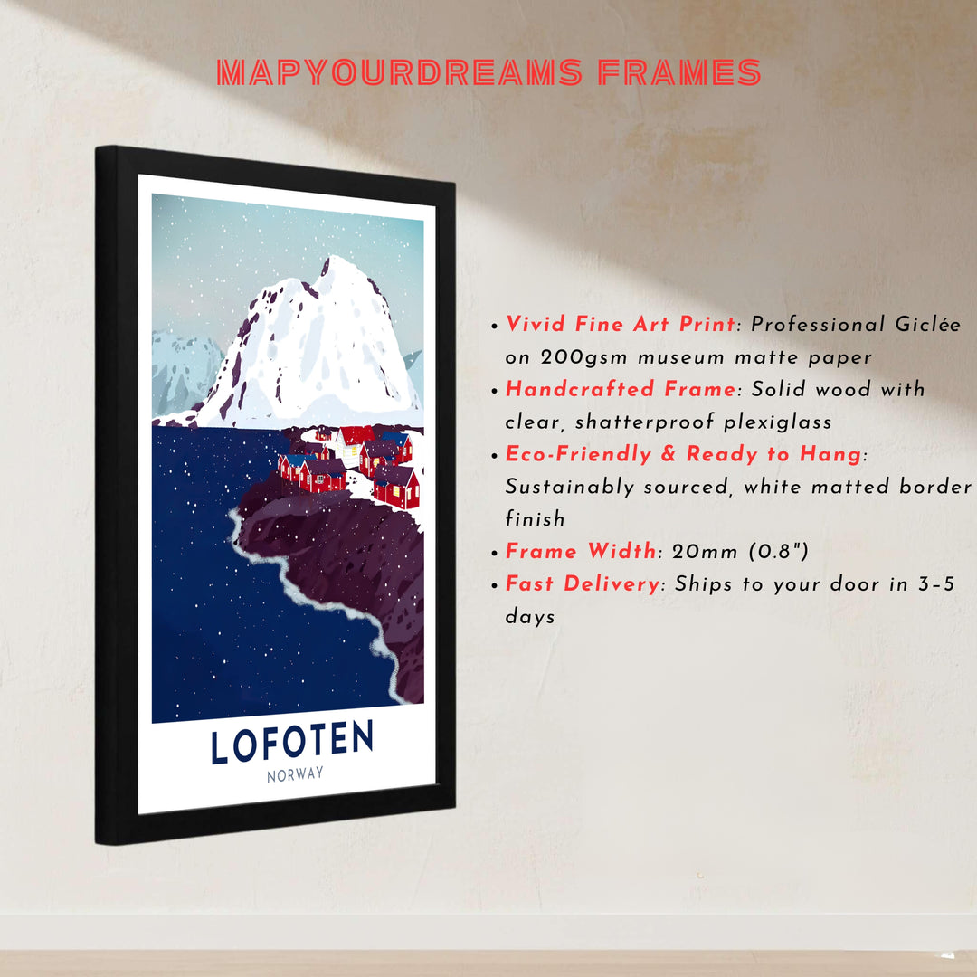 Detailed graphic artwork of the majestic Lofoten coastal winter landscape in Norway with steep snow slopes and historic fishing homes. Created by MapYourDreams, this fine art print is offered in custom framed styles, gallery quality stretched canvas, or simple unframed paper formats for easy framing.